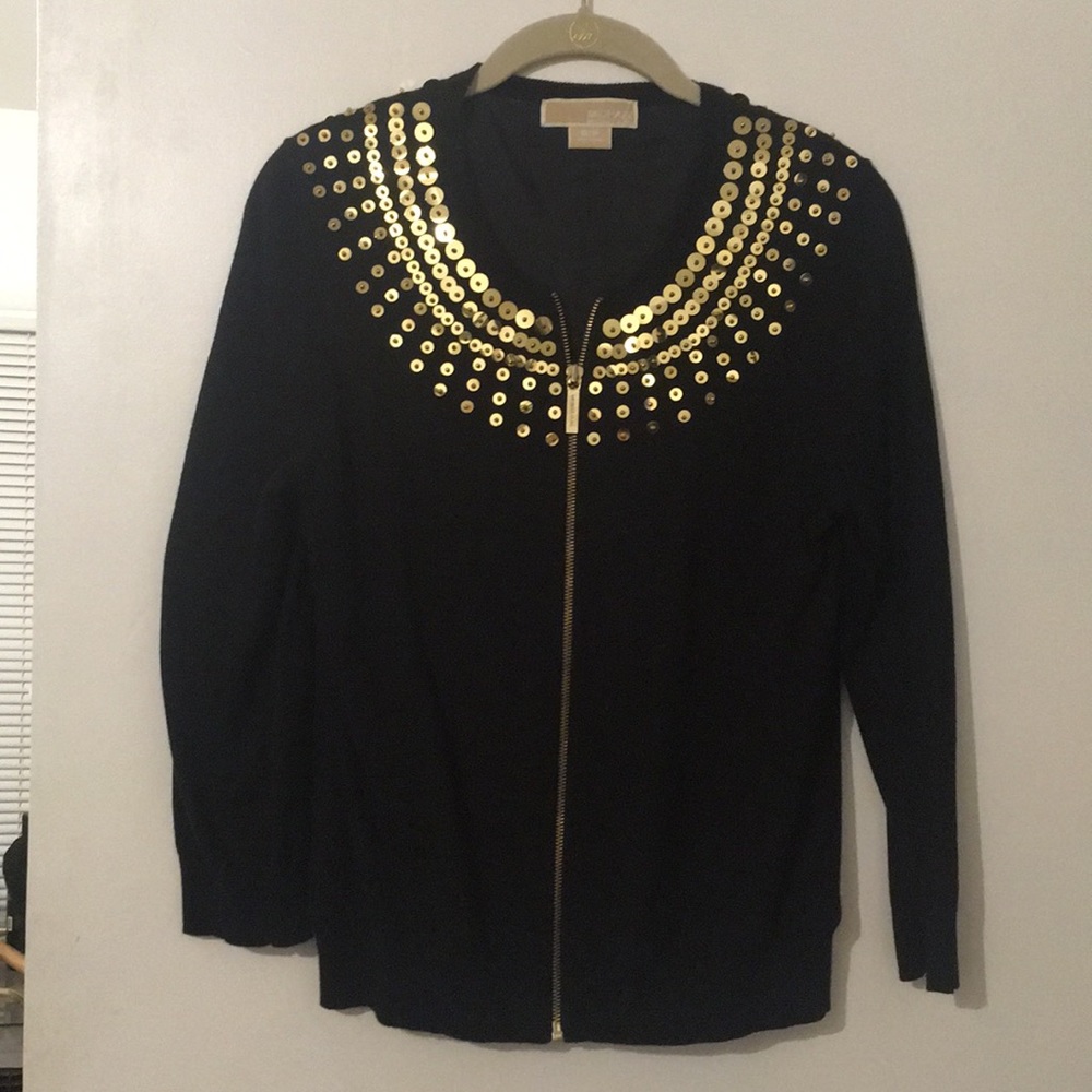 Michael Kors Gold Sequin Black Zip Cardigan